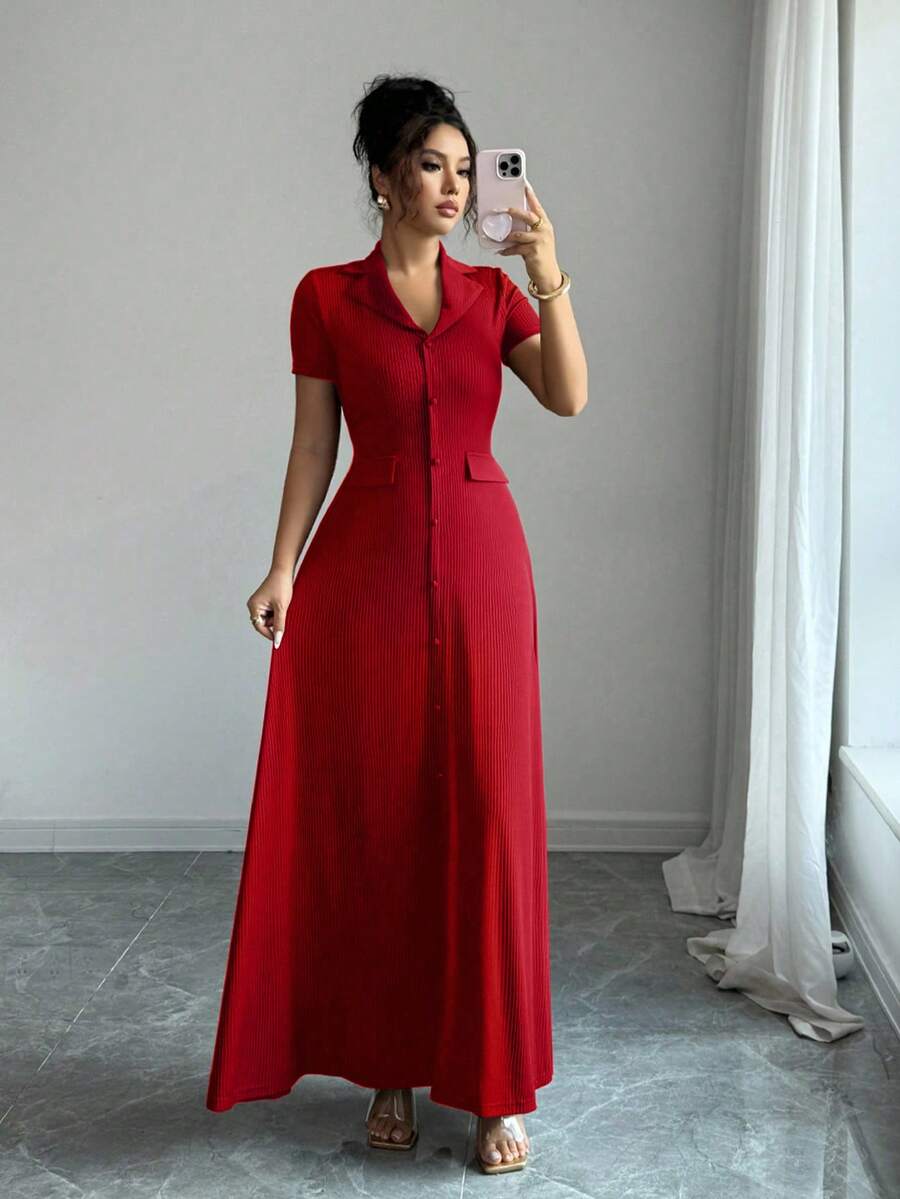 Elenzga Elegant Commuter Brown Lapel Waist Slimming Button Decor A-Line Back Bowknot Short Sleeve Maxi Dress For Women