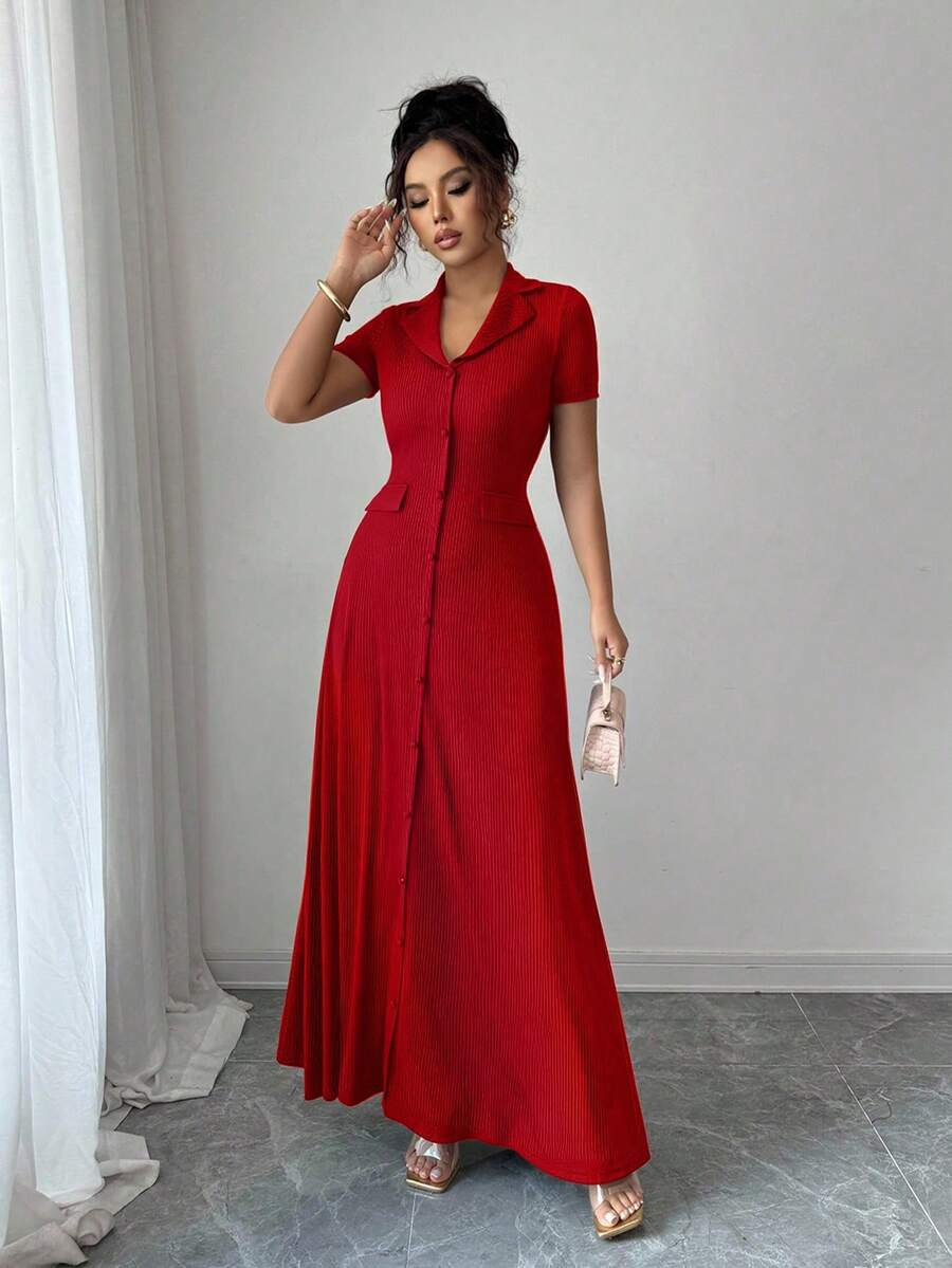Elenzga Elegant Commuter Brown Lapel Waist Slimming Button Decor A-Line Back Bowknot Short Sleeve Maxi Dress For Women
