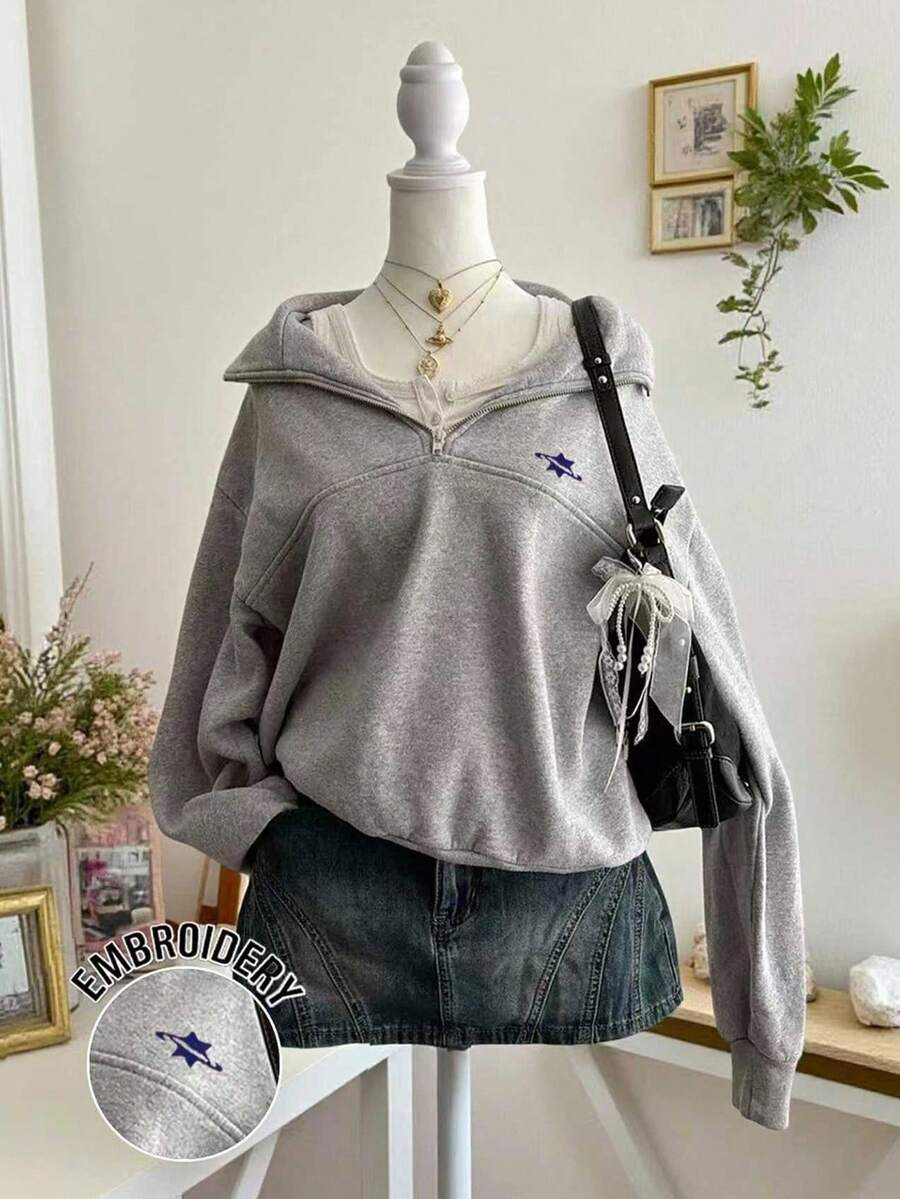 Lalippa Casual Versatile Embroidered Detail Half-Zip Collar Sweatshirt, Christmas