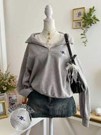 Lalippa Casual Versatile Embroidered Detail Half-Zip Collar Sweatshirt, Christmas