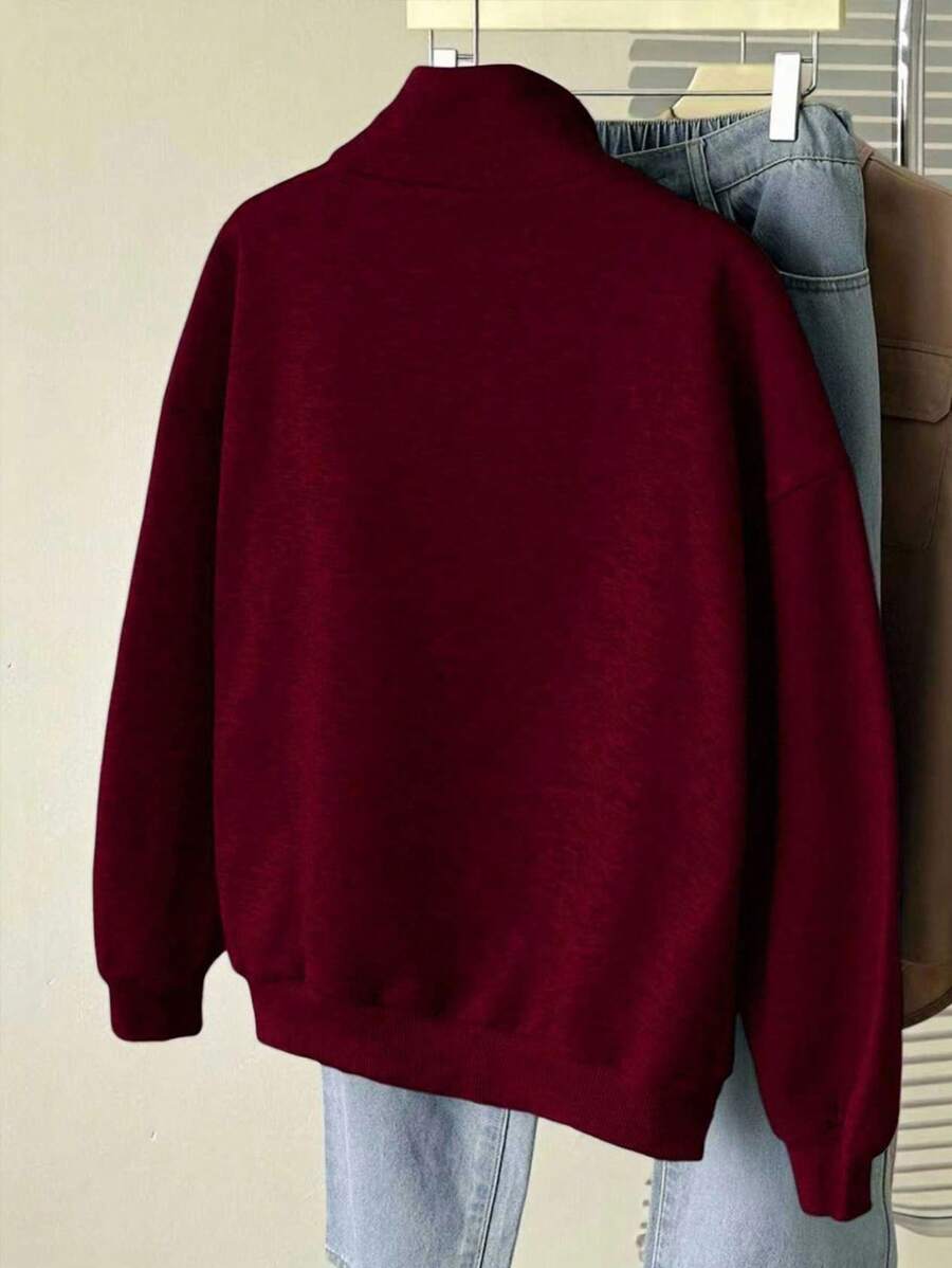 Lalippa Casual Versatile Embroidered Detail Half-Zip Collar Sweatshirt, Christmas