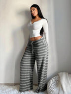 SHEIN SXY Women's Comfortable Casual Simple Low Waist Drawstring Wide Leg Pants Striped Pants Set Comfy Pants Set Women Lounge Pants Set