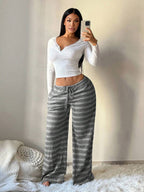 SHEIN SXY Women's Comfortable Casual Simple Low Waist Drawstring Wide Leg Pants Striped Pants Set Comfy Pants Set Women Lounge Pants Set