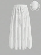 MainGRL Women Solid Color High Waist Tie Ruffled Hem Maxi Skirt