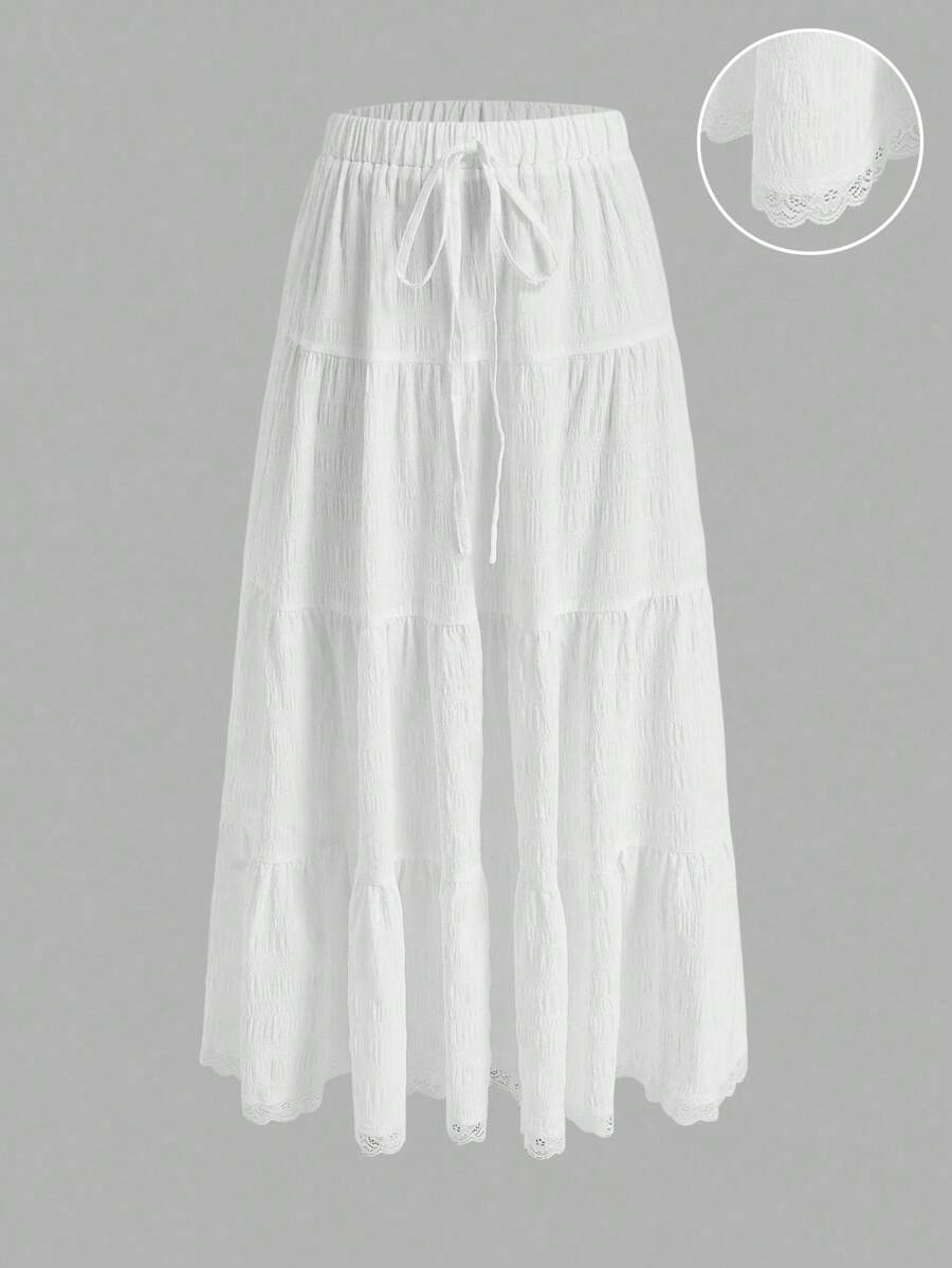 MainGRL Women Solid Color High Waist Tie Ruffled Hem Maxi Skirt