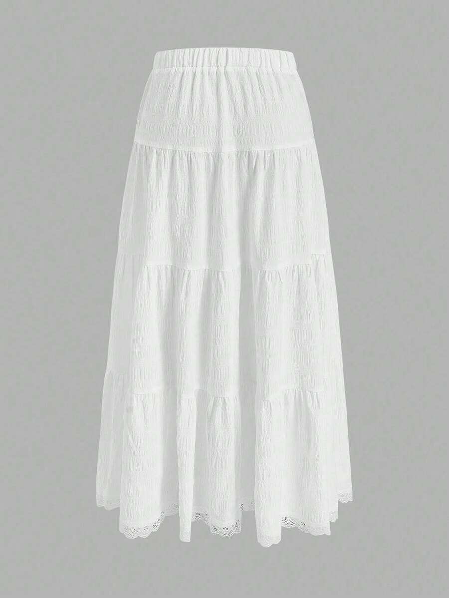 MainGRL Women Solid Color High Waist Tie Ruffled Hem Maxi Skirt