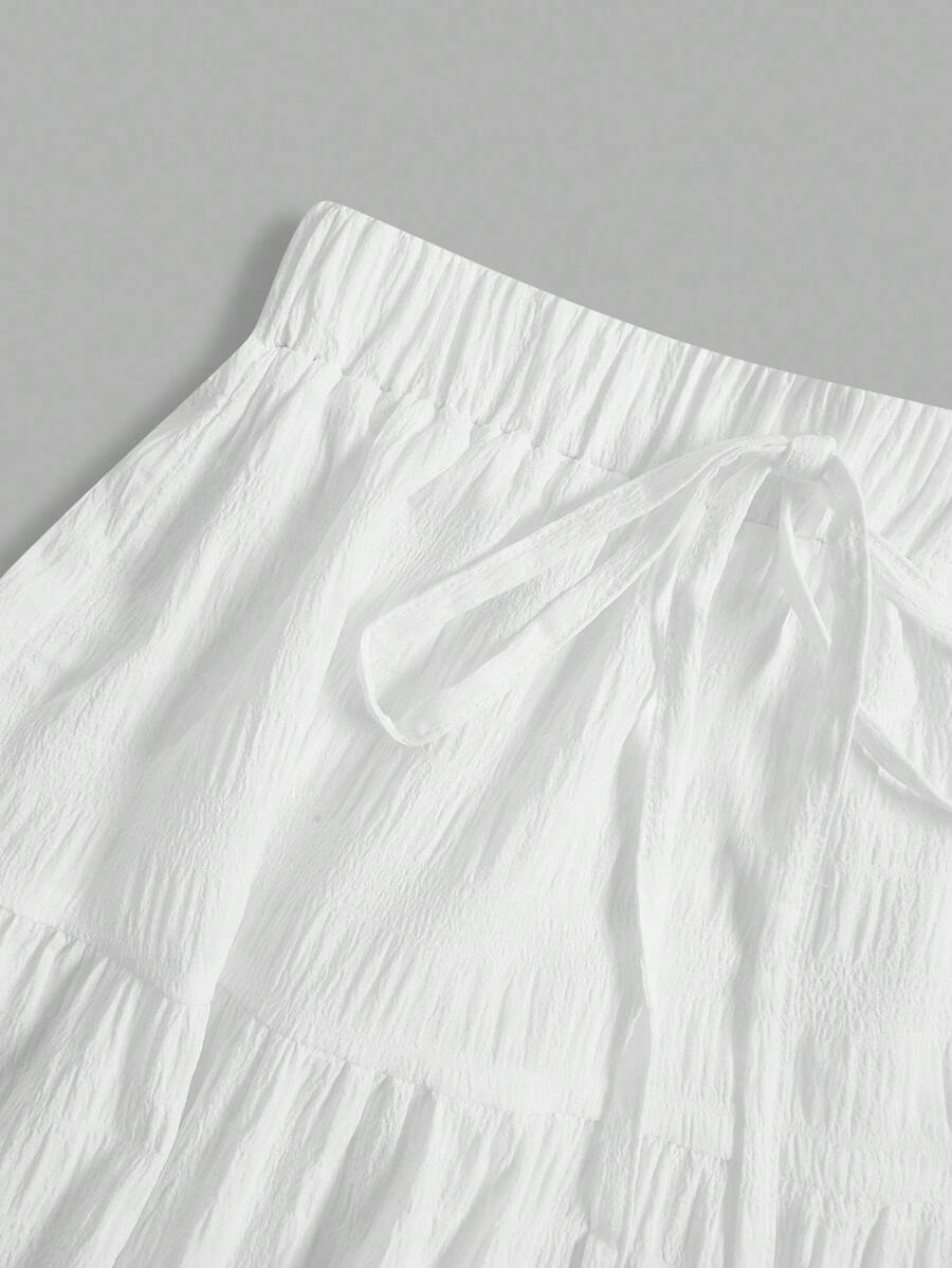 MainGRL Women Solid Color High Waist Tie Ruffled Hem Maxi Skirt