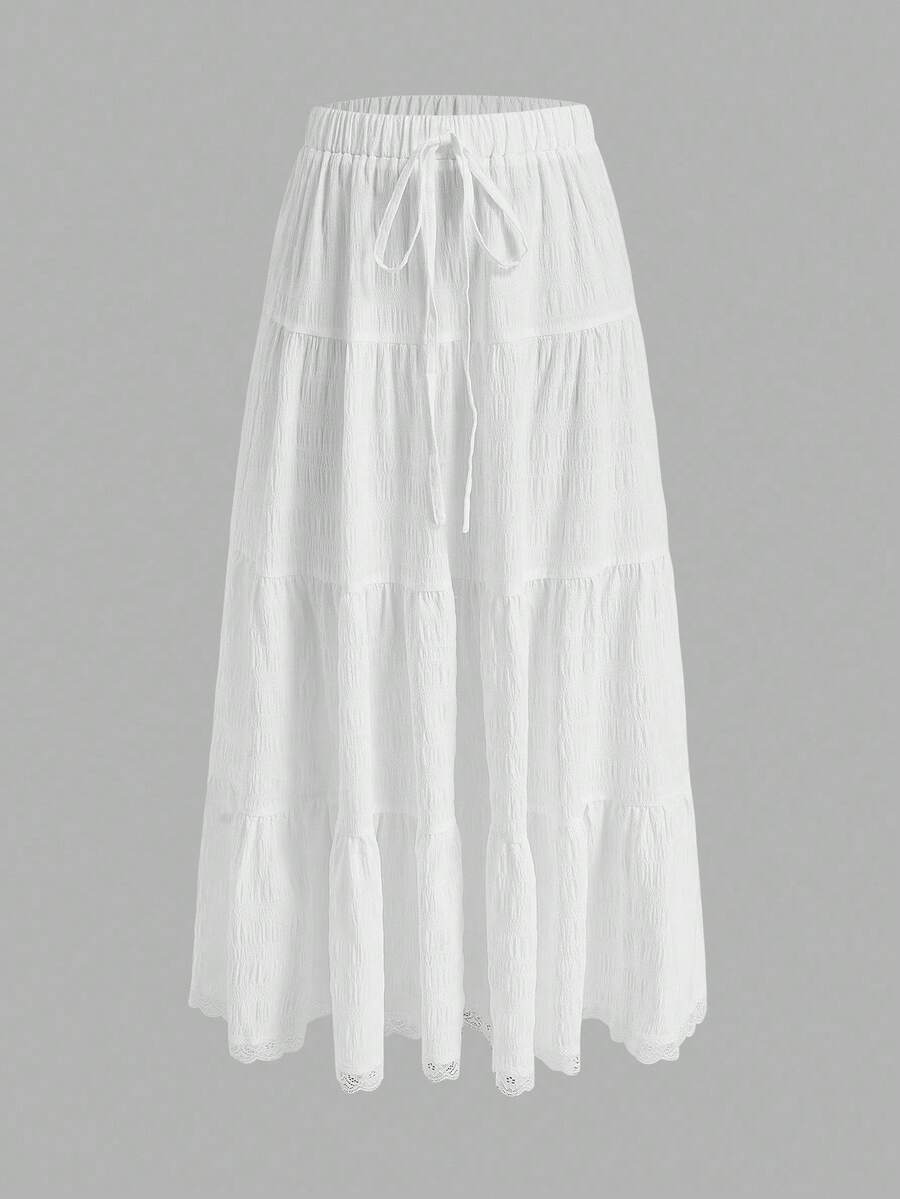 MainGRL Women Solid Color High Waist Tie Ruffled Hem Maxi Skirt