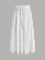 MainGRL Women Solid Color High Waist Tie Ruffled Hem Maxi Skirt