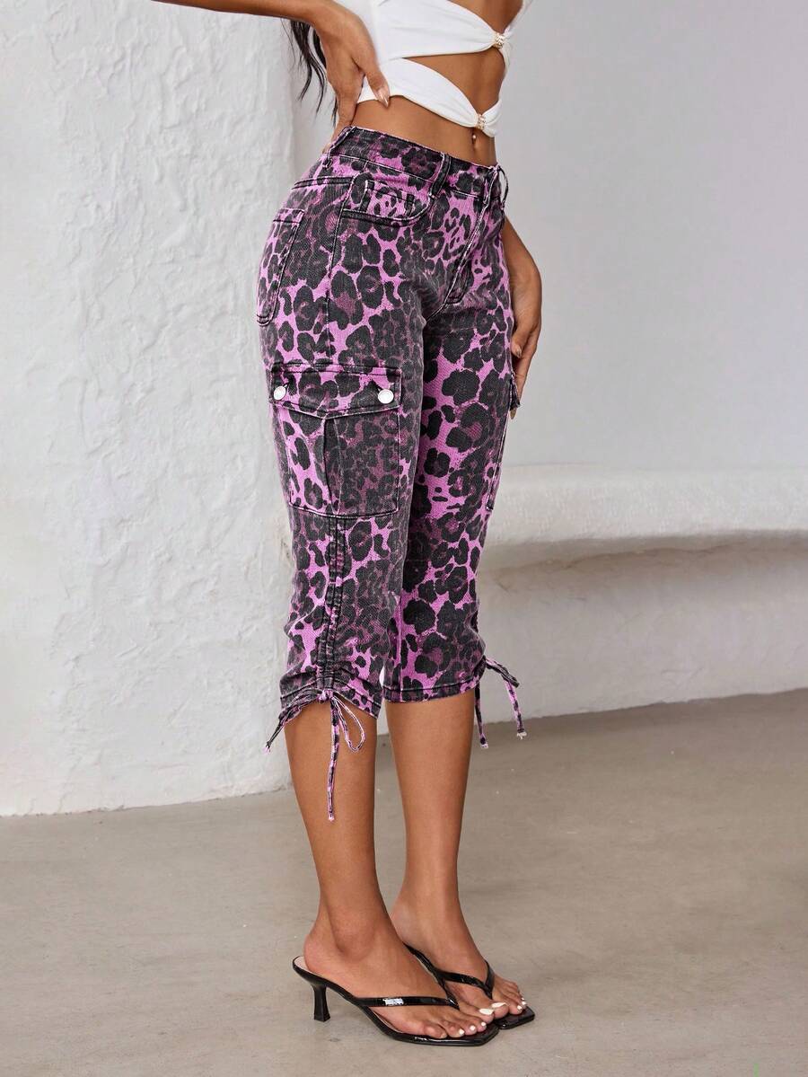 Jeanoix Women's Casual Leopard Print Drawstring Detail 3/4 Length Denim Pants, Summer