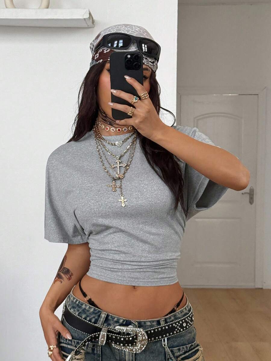 Coolane Women's Summer Minimalist Y2K Basic Daily Wear Casual Back To School Streetwear Stretchy Navy Blue Loose Ruched Crop Tees