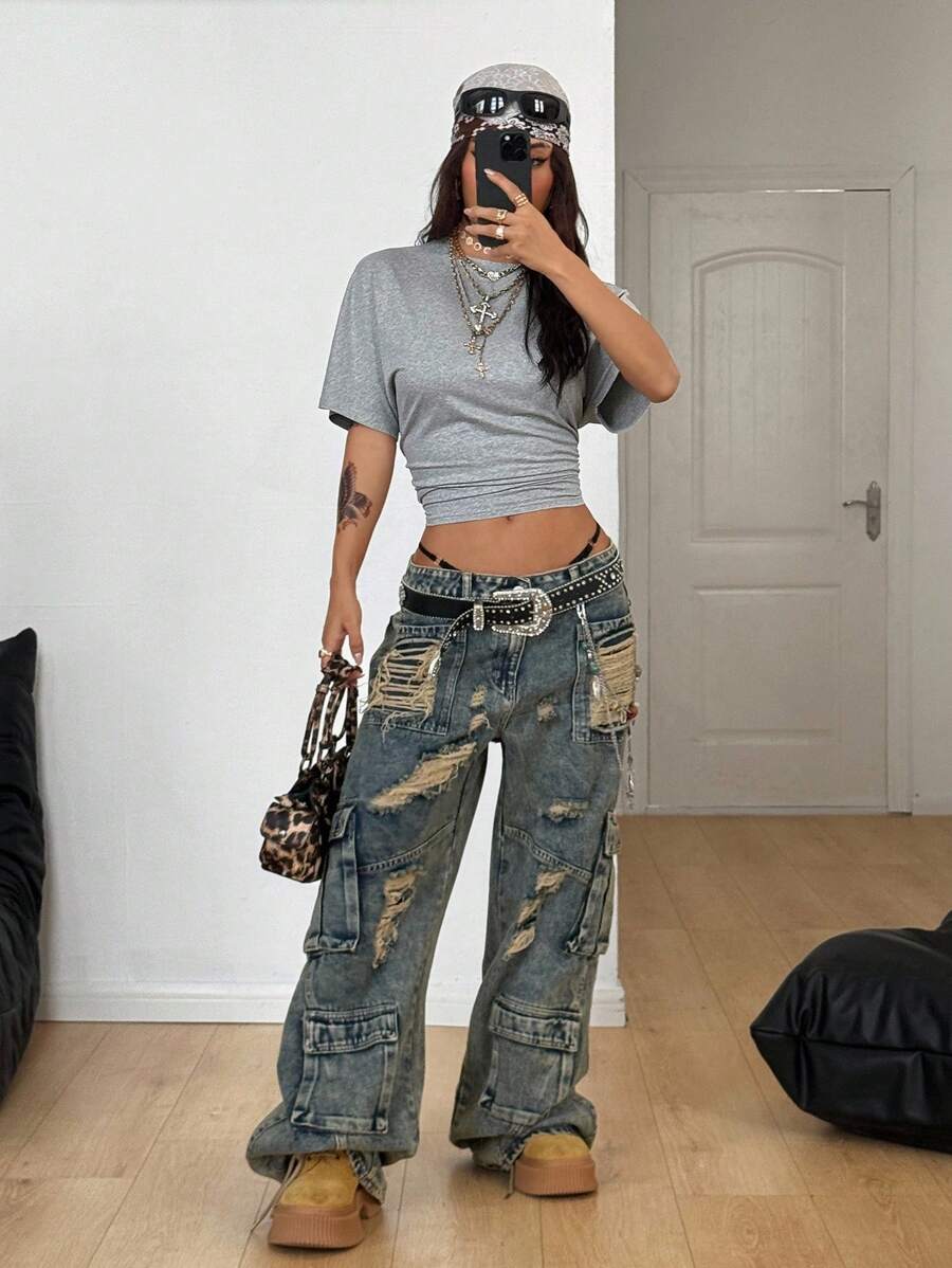 Coolane Women's Summer Minimalist Y2K Basic Daily Wear Casual Back To School Streetwear Stretchy Navy Blue Loose Ruched Crop Tees