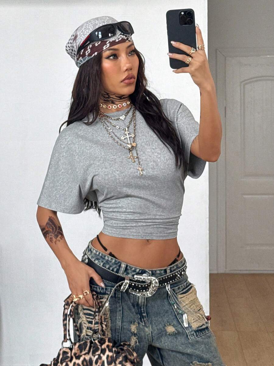 Coolane Women's Summer Minimalist Y2K Basic Daily Wear Casual Back To School Streetwear Stretchy Navy Blue Loose Ruched Crop Tees
