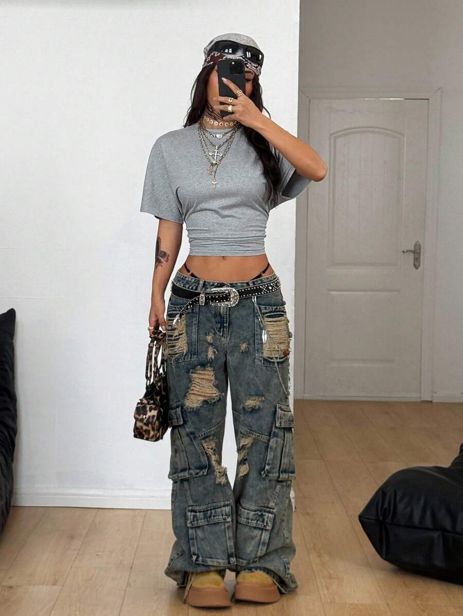Coolane Women's Summer Minimalist Y2K Basic Daily Wear Casual Back To School Streetwear Stretchy Navy Blue Loose Ruched Crop Tees