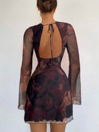 Siren Gaze Women's Sexy Mesh Patchwork Flare Sleeve Backless Mini Dress, Autumn,Dresses For Women Party Brown Summer
