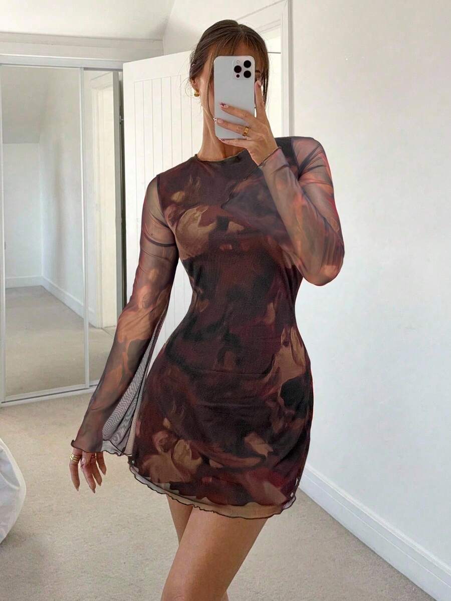 Siren Gaze Women's Sexy Mesh Patchwork Flare Sleeve Backless Mini Dress, Autumn,Dresses For Women Party Brown Summer