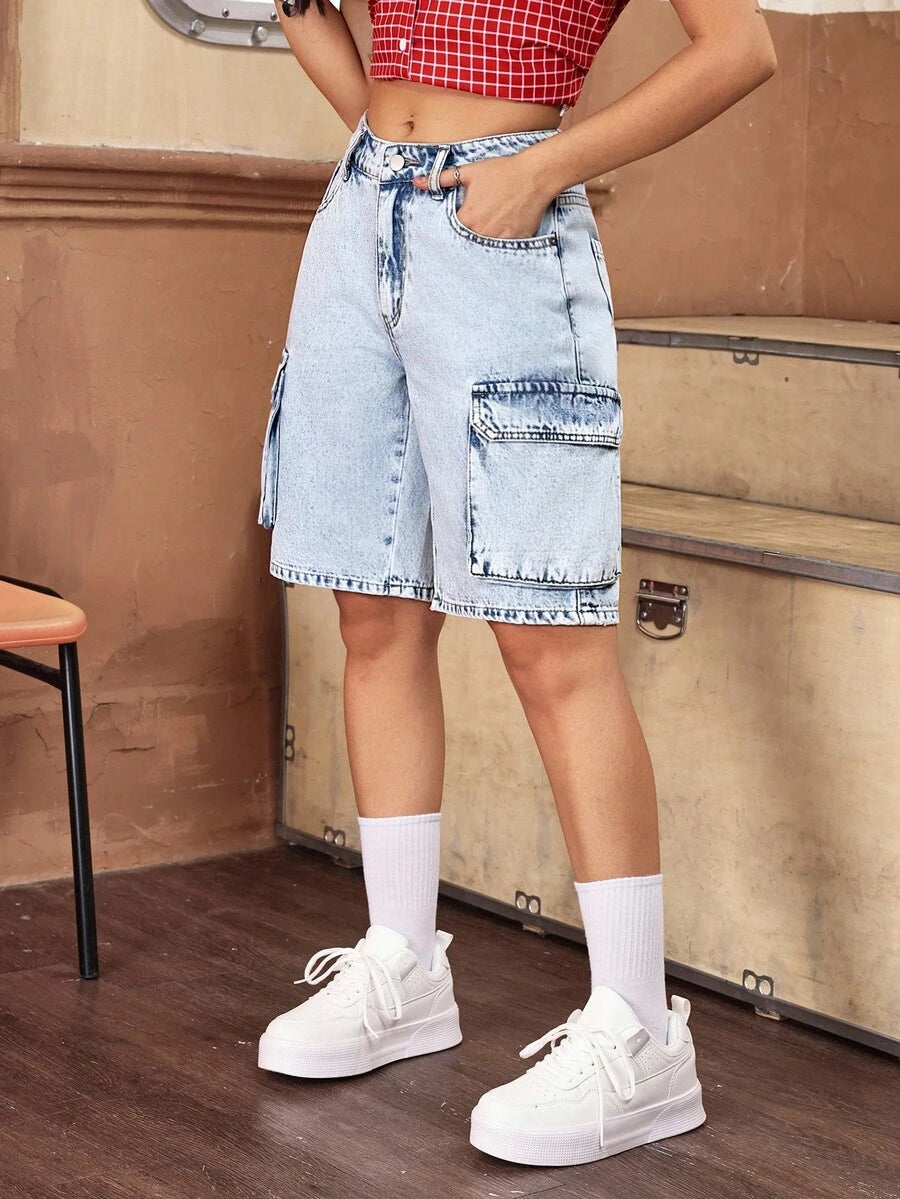 SHEIN ICON Women's Summer Casual Washed Denim Shorts