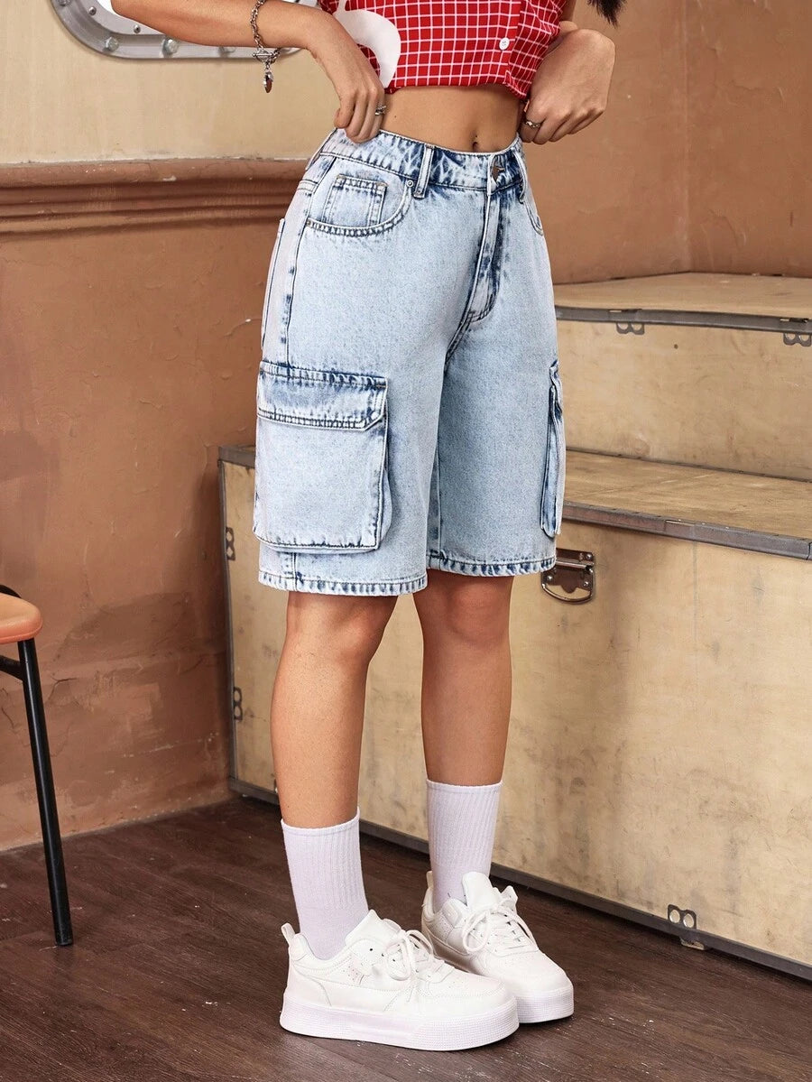 SHEIN ICON Women's Summer Casual Washed Denim Shorts