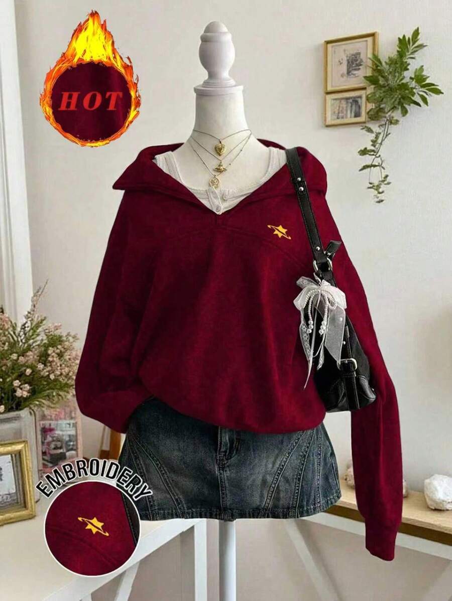 Lalippa Casual Versatile Embroidered Detail Half-Zip Collar Sweatshirt, Christmas