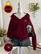 Lalippa Casual Versatile Embroidered Detail Half-Zip Collar Sweatshirt, Christmas