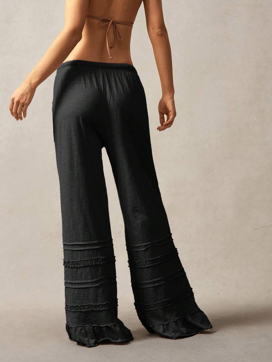 Bohemela Bohemian Style Solid Color High Waist Flare Leg Knit Pants, Spring/Summer Flare Leg Pants Bell Bottom Pants Tiered Ruffle Pants Ruffle Hem Pants,Fall Clothes For Women