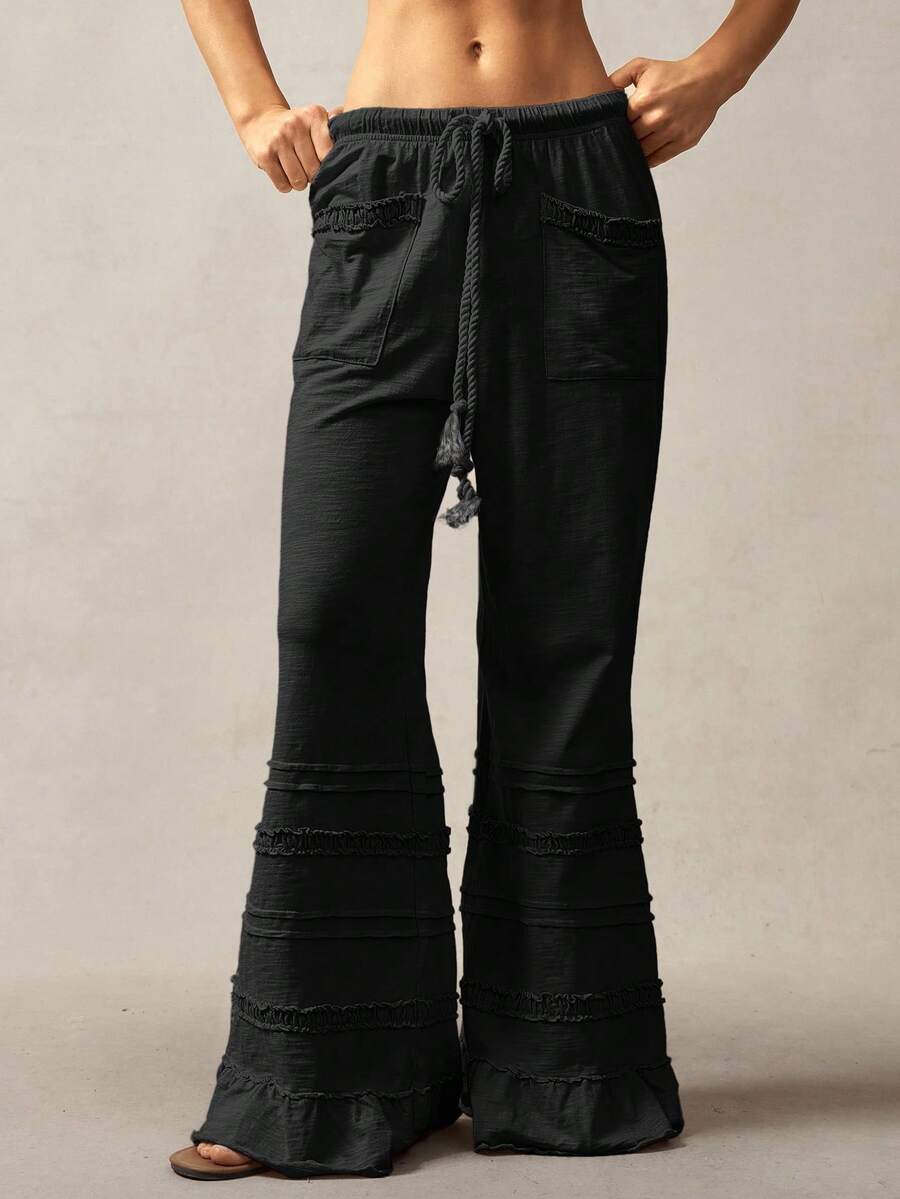 Bohemela Bohemian Style Solid Color High Waist Flare Leg Knit Pants, Spring/Summer Flare Leg Pants Bell Bottom Pants Tiered Ruffle Pants Ruffle Hem Pants,Fall Clothes For Women