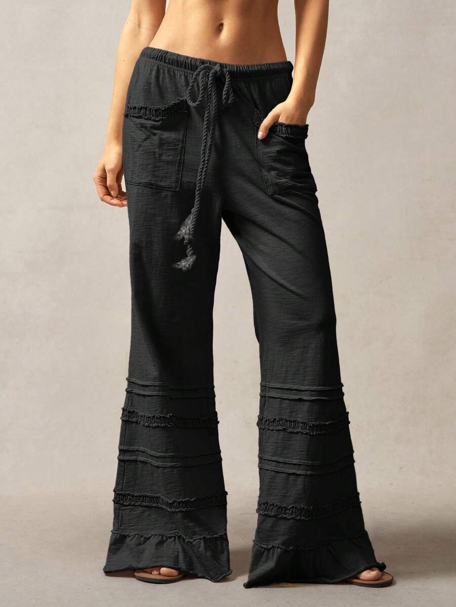 Bohemela Bohemian Style Solid Color High Waist Flare Leg Knit Pants, Spring/Summer Flare Leg Pants Bell Bottom Pants Tiered Ruffle Pants Ruffle Hem Pants,Fall Clothes For Women