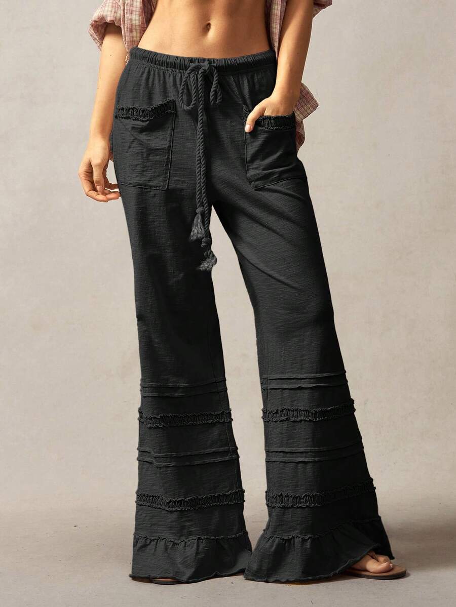 Bohemela Bohemian Style Solid Color High Waist Flare Leg Knit Pants, Spring/Summer Flare Leg Pants Bell Bottom Pants Tiered Ruffle Pants Ruffle Hem Pants,Fall Clothes For Women