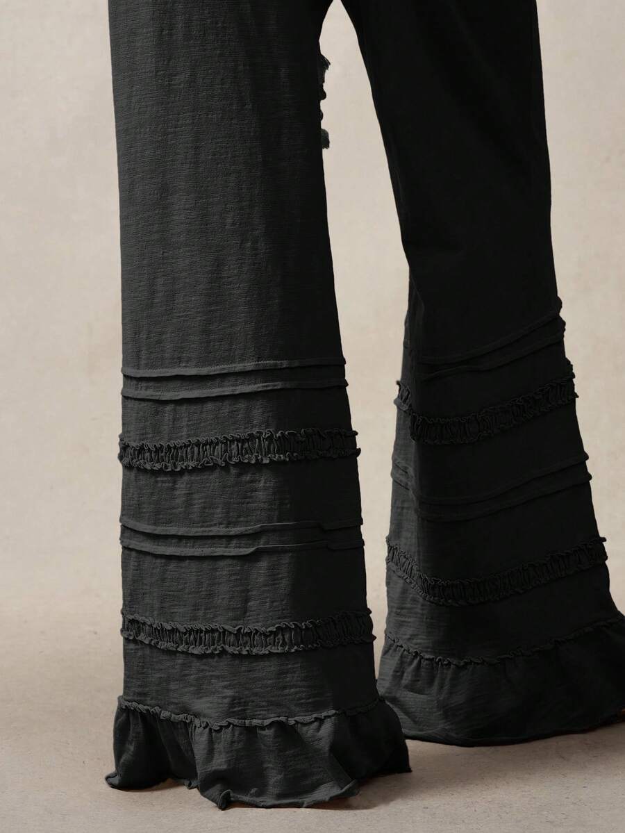 Bohemela Bohemian Style Solid Color High Waist Flare Leg Knit Pants, Spring/Summer Flare Leg Pants Bell Bottom Pants Tiered Ruffle Pants Ruffle Hem Pants,Fall Clothes For Women