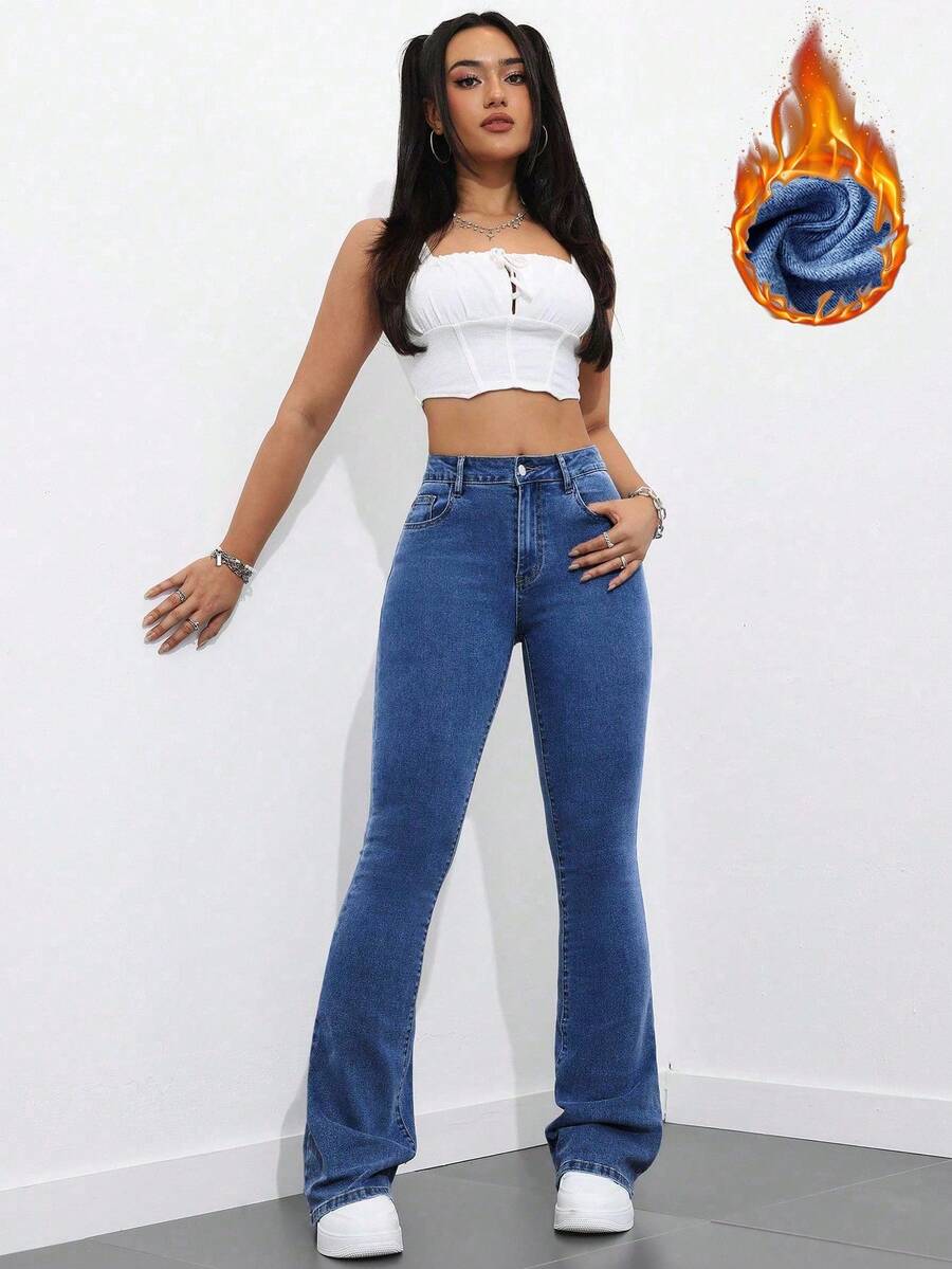 Flexra Women Flared Pocket Casual All-Match Denim Flared Jeans Y2k Bootcut Jeans