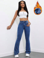Flexra Women Flared Pocket Casual All-Match Denim Flared Jeans Y2k Bootcut Jeans