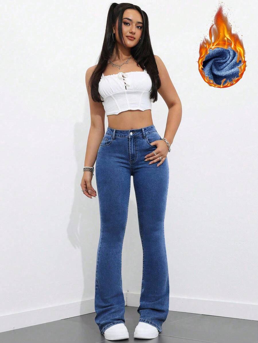Flexra Women Flared Pocket Casual All-Match Denim Flared Jeans Y2k Bootcut Jeans