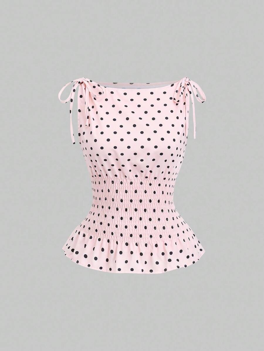 Sweetra Women's Elegant French Style Polka Dot Bow Shoulder Tie Waist Slim Fit Casual Versatile Tank Top, Spring/Summer
