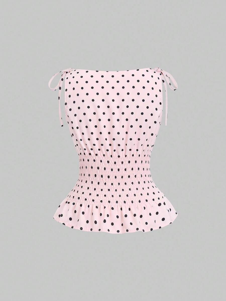 Sweetra Women's Elegant French Style Polka Dot Bow Shoulder Tie Waist Slim Fit Casual Versatile Tank Top, Spring/Summer