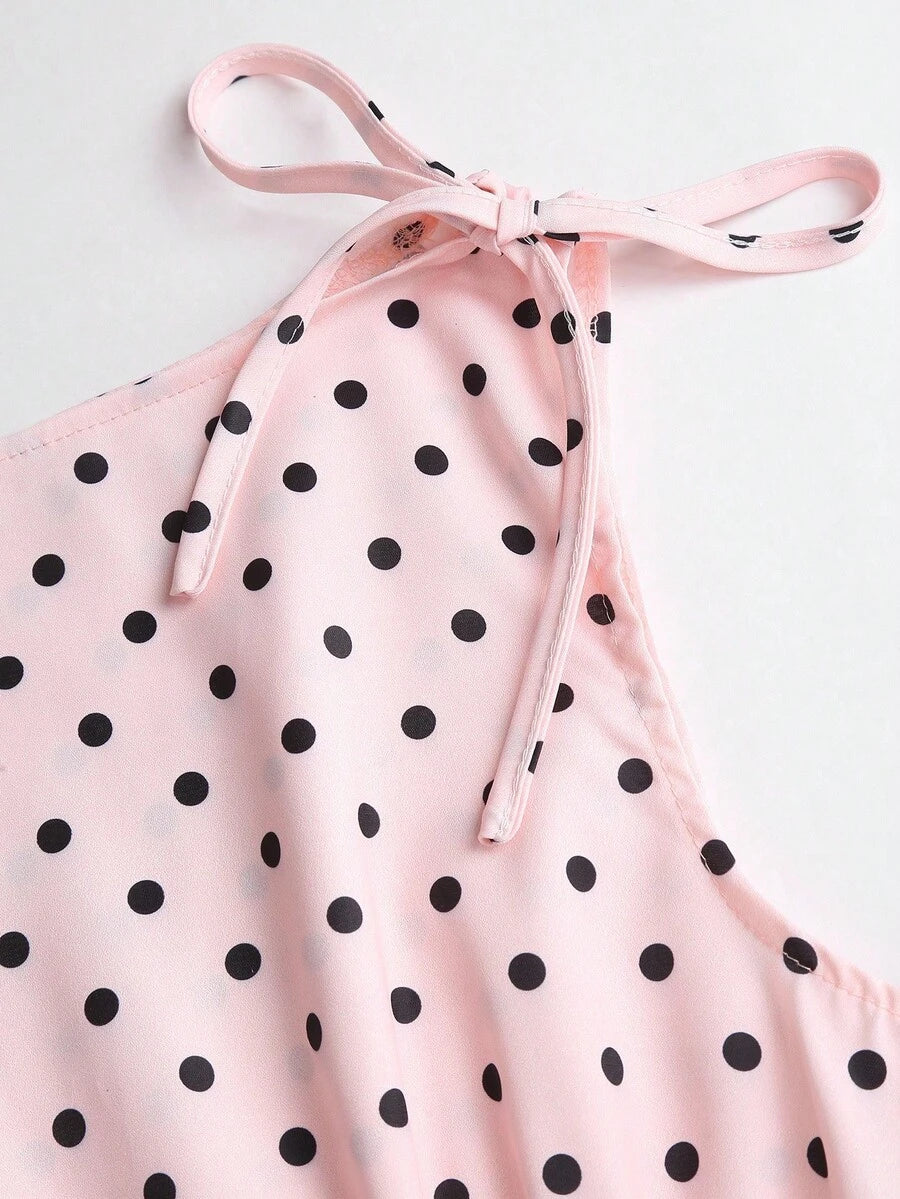 Sweetra Women's Elegant French Style Polka Dot Bow Shoulder Tie Waist Slim Fit Casual Versatile Tank Top, Spring/Summer