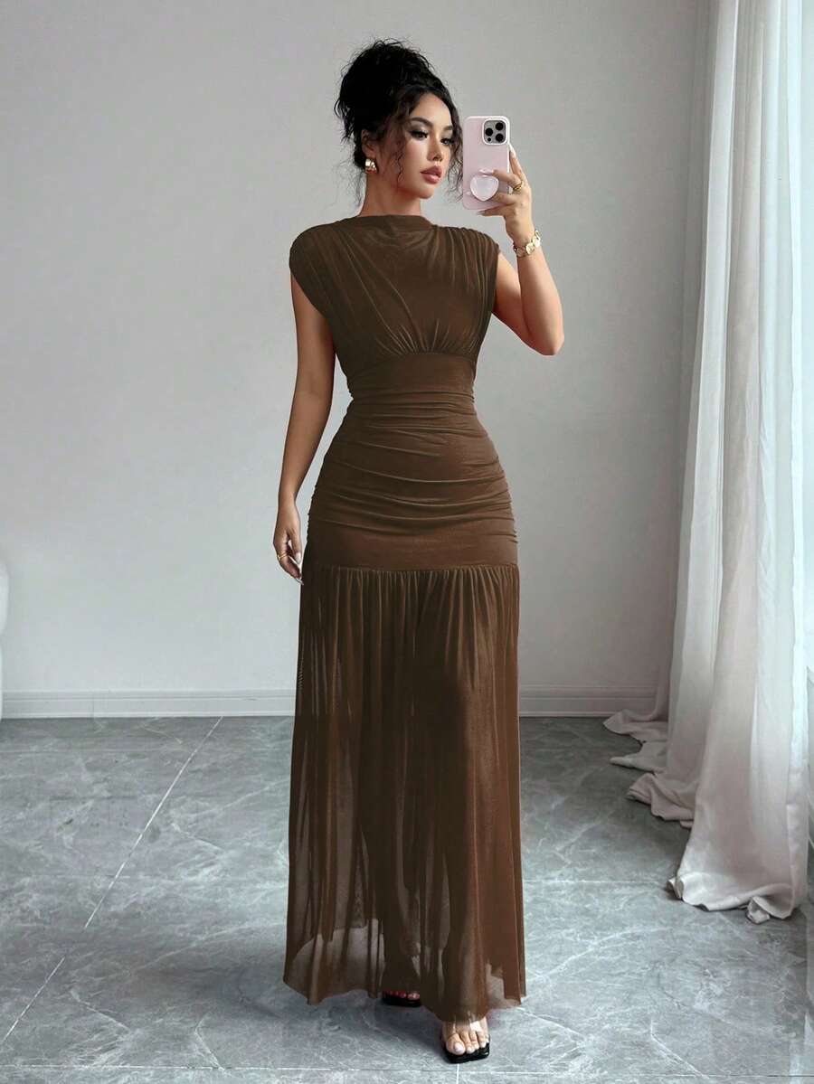 Elenzga New Fashionable Solid Red Mini Stand Collar Sleeveless Sexy Hollow-Out Mesh Splice Pleated A-Line Maxi Dress For Women, Suitable For Graduation Party, Holiday, Date