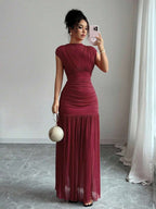 Elenzga New Fashionable Solid Red Mini Stand Collar Sleeveless Sexy Hollow-Out Mesh Splice Pleated A-Line Maxi Dress For Women, Suitable For Graduation Party, Holiday, Date