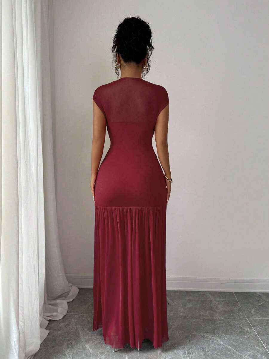 Elenzga New Fashionable Solid Red Mini Stand Collar Sleeveless Sexy Hollow-Out Mesh Splice Pleated A-Line Maxi Dress For Women, Suitable For Graduation Party, Holiday, Date