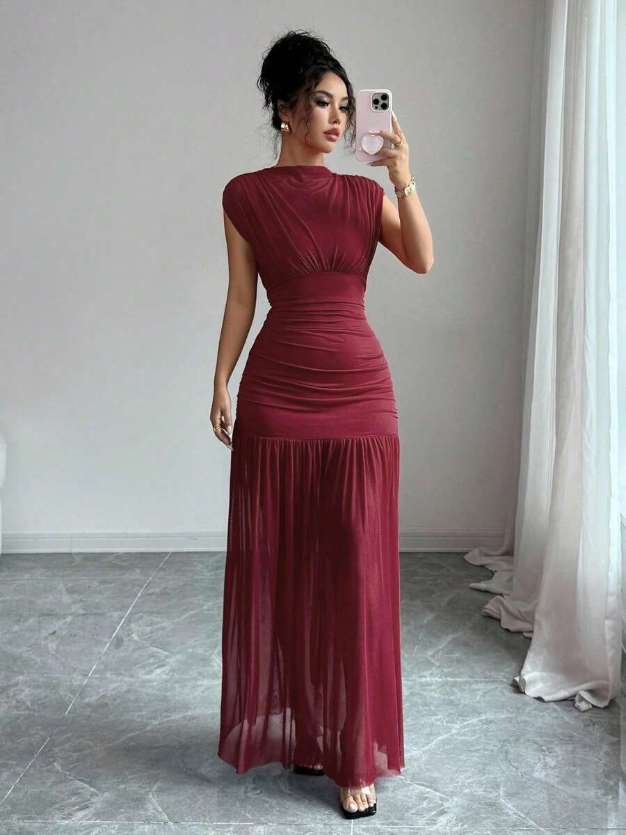 Elenzga New Fashionable Solid Red Mini Stand Collar Sleeveless Sexy Hollow-Out Mesh Splice Pleated A-Line Maxi Dress For Women, Suitable For Graduation Party, Holiday, Date