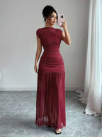 Elenzga New Fashionable Solid Red Mini Stand Collar Sleeveless Sexy Hollow-Out Mesh Splice Pleated A-Line Maxi Dress For Women, Suitable For Graduation Party, Holiday, Date