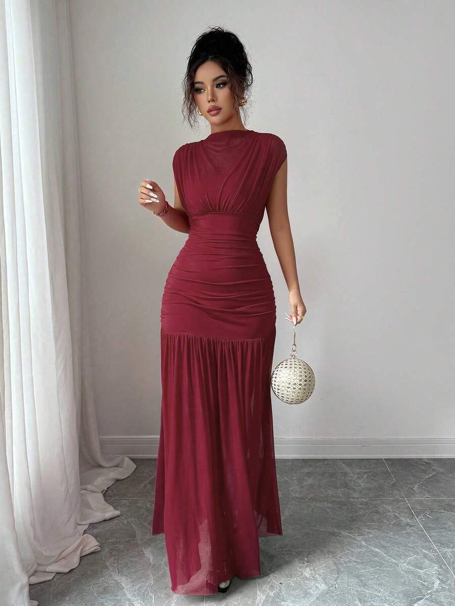 Elenzga New Fashionable Solid Red Mini Stand Collar Sleeveless Sexy Hollow-Out Mesh Splice Pleated A-Line Maxi Dress For Women, Suitable For Graduation Party, Holiday, Date