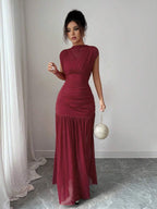 Elenzga New Fashionable Solid Red Mini Stand Collar Sleeveless Sexy Hollow-Out Mesh Splice Pleated A-Line Maxi Dress For Women, Suitable For Graduation Party, Holiday, Date