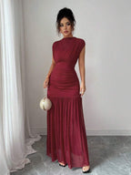 Elenzga New Fashionable Solid Red Mini Stand Collar Sleeveless Sexy Hollow-Out Mesh Splice Pleated A-Line Maxi Dress For Women, Suitable For Graduation Party, Holiday, Date