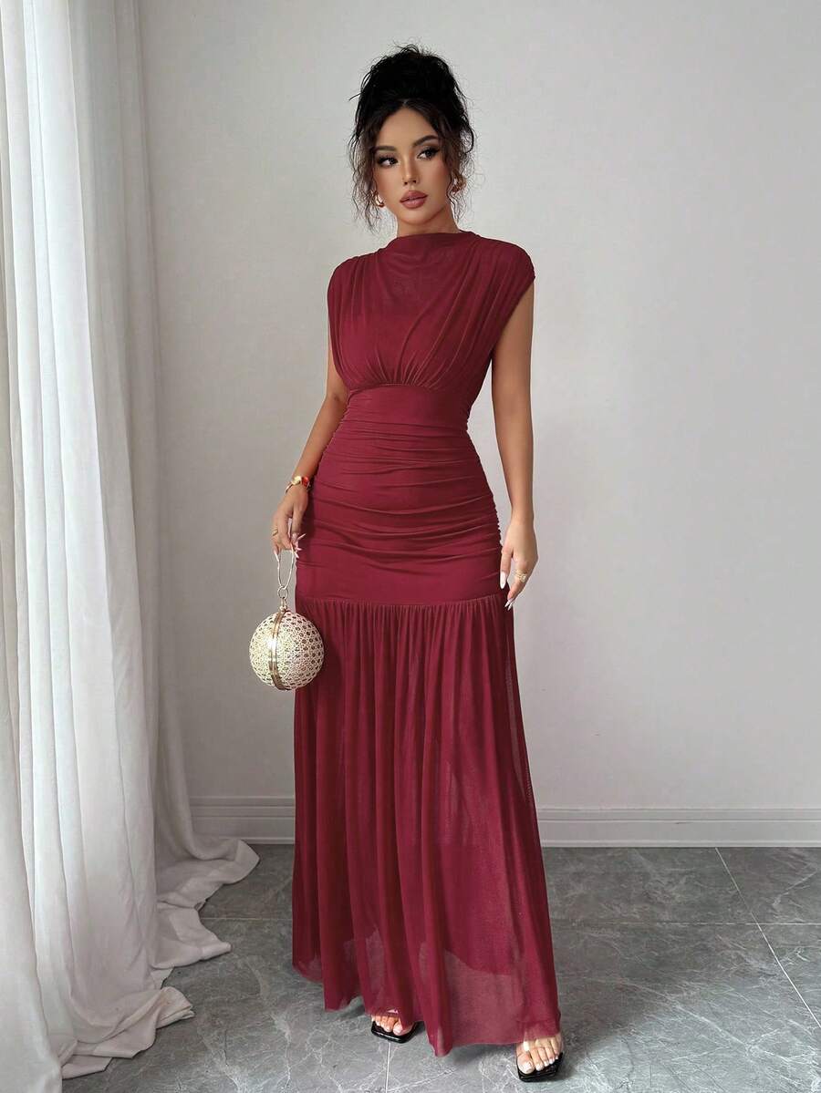 Elenzga New Fashionable Solid Red Mini Stand Collar Sleeveless Sexy Hollow-Out Mesh Splice Pleated A-Line Maxi Dress For Women, Suitable For Graduation Party, Holiday, Date