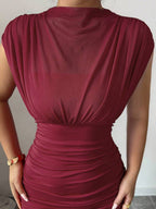 Elenzga New Fashionable Solid Red Mini Stand Collar Sleeveless Sexy Hollow-Out Mesh Splice Pleated A-Line Maxi Dress For Women, Suitable For Graduation Party, Holiday, Date