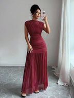 Elenzga New Fashionable Solid Red Mini Stand Collar Sleeveless Sexy Hollow-Out Mesh Splice Pleated A-Line Maxi Dress For Women, Suitable For Graduation Party, Holiday, Date