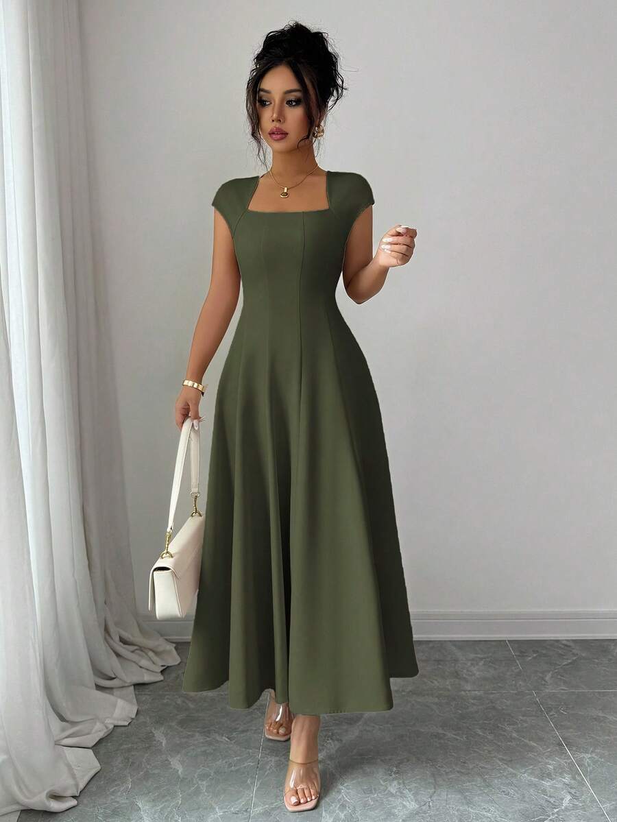 Elenzga Women's Elegant Solid Color Square Neck Waist Tie Splice A-Line Short Sleeve Midi Dress, Suitable For Commuting, Beach, Vacation, Music Festival, Beer Festival In Spring And Summer
