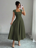 Elenzga Women's Elegant Solid Color Square Neck Waist Tie Splice A-Line Short Sleeve Midi Dress, Suitable For Commuting, Beach, Vacation, Music Festival, Beer Festival In Spring And Summer