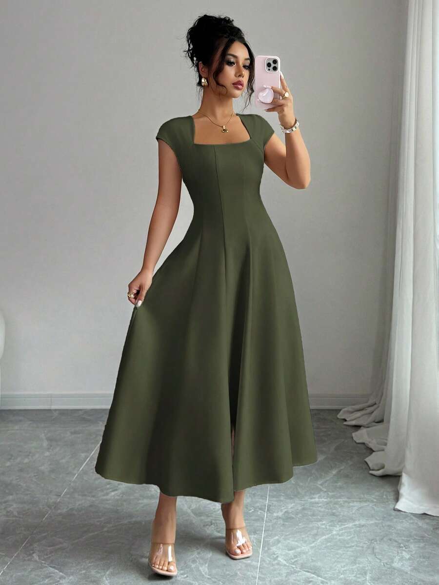 Elenzga Women's Elegant Solid Color Square Neck Waist Tie Splice A-Line Short Sleeve Midi Dress, Suitable For Commuting, Beach, Vacation, Music Festival, Beer Festival In Spring And Summer