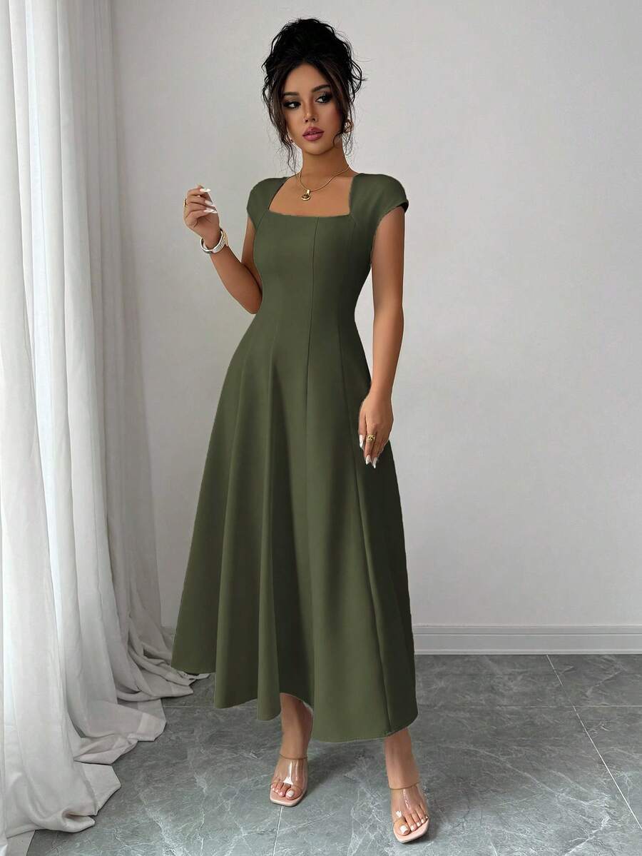 Elenzga Women's Elegant Solid Color Square Neck Waist Tie Splice A-Line Short Sleeve Midi Dress, Suitable For Commuting, Beach, Vacation, Music Festival, Beer Festival In Spring And Summer